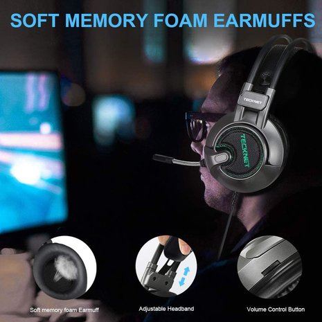 Tecknet Gaming Headset | 7.1 USB Surround Sound Headphone met 2.2 Meter kabel | Blue LED Light en Noise Cancelling Microfoon 